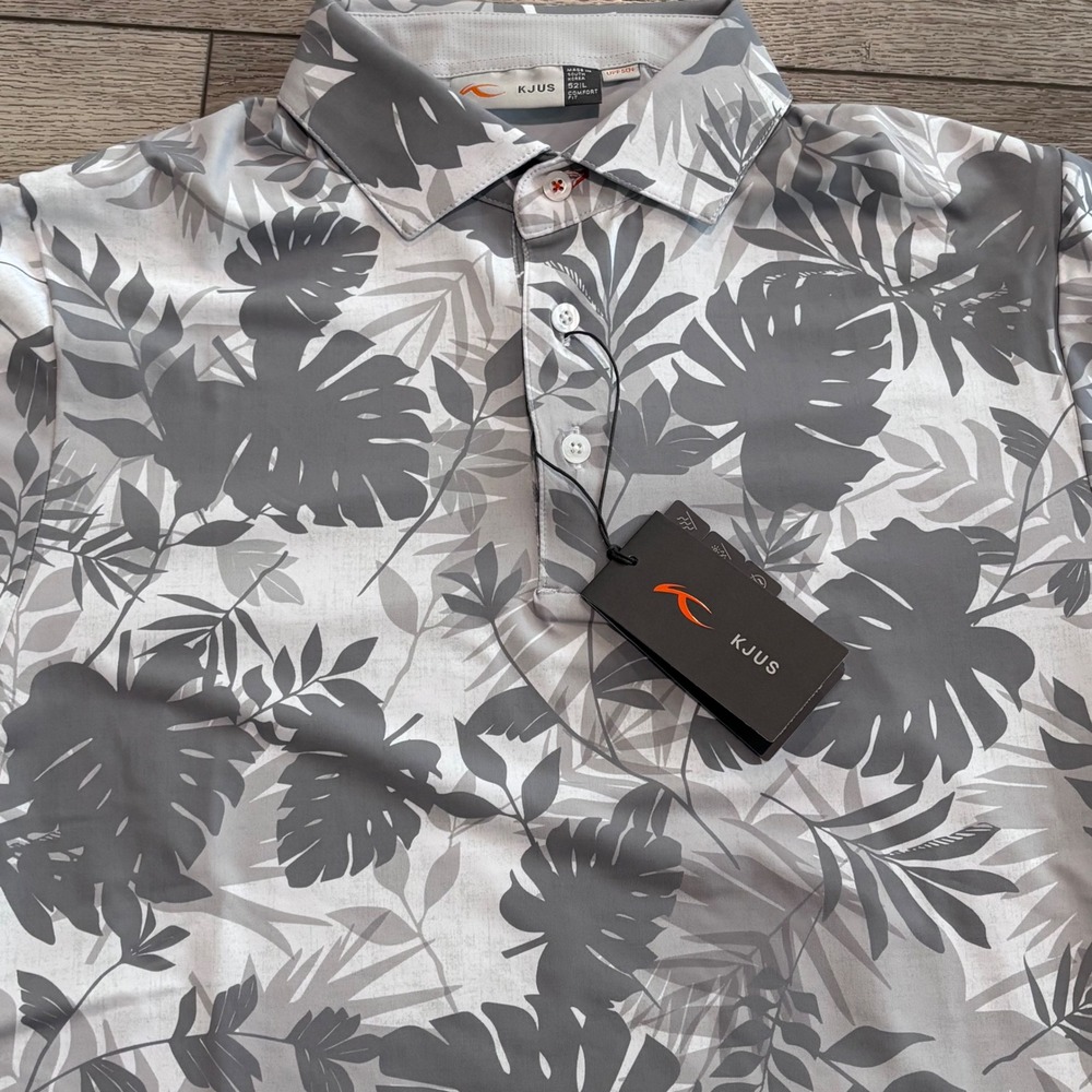 KJUS Men Golfer Polo Mens 52 Large Grey Tropical Leaf Print UPF 50+‎ Preppy New - Picture 3 of 8